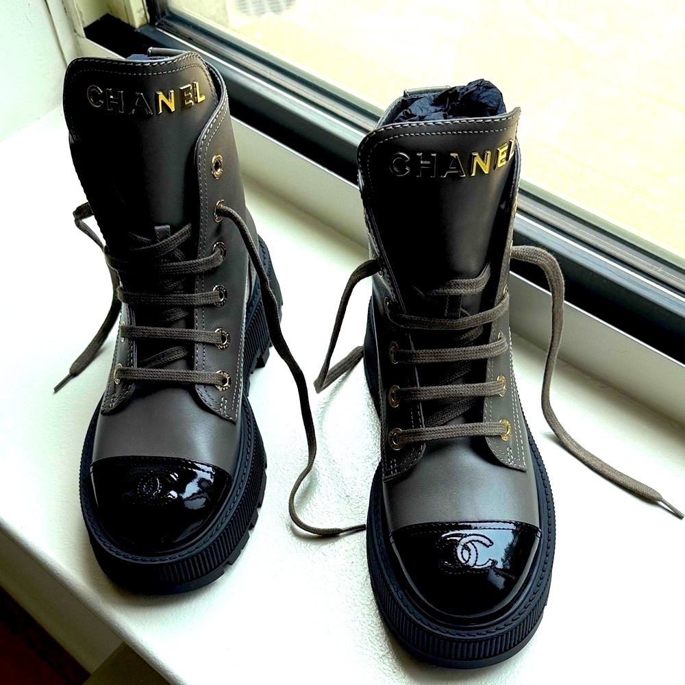 CHANEL Black and Gray Lace-Up Combat Boots - Picture 3 of 7
